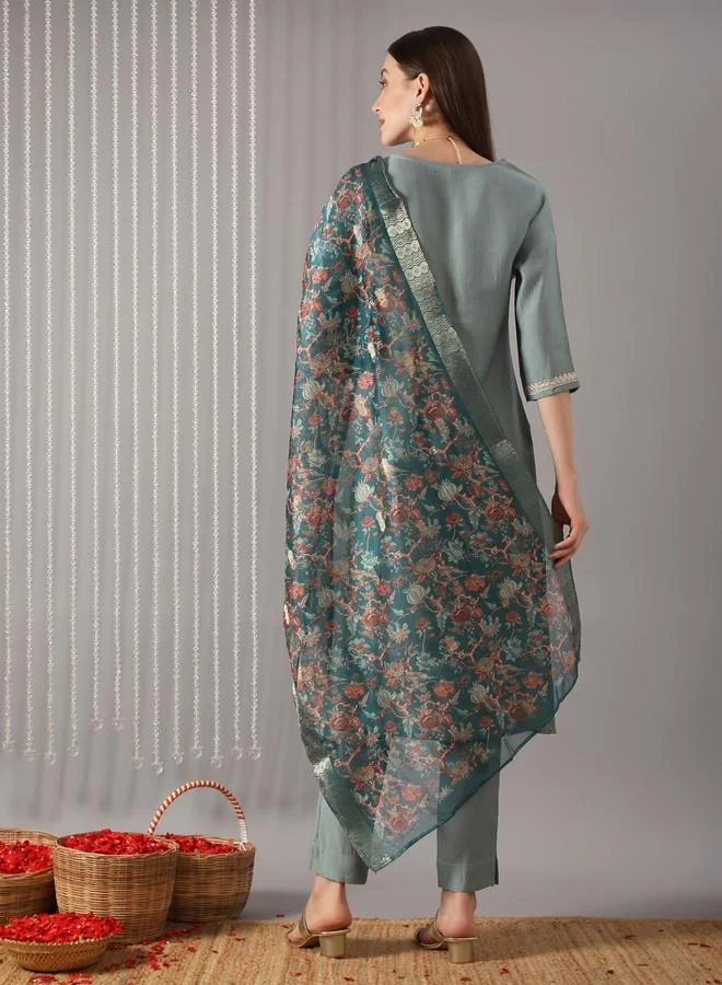 globus Women Blue V-Neck Neck Straight Kurta with Pant and Floral Print Dupatta Set